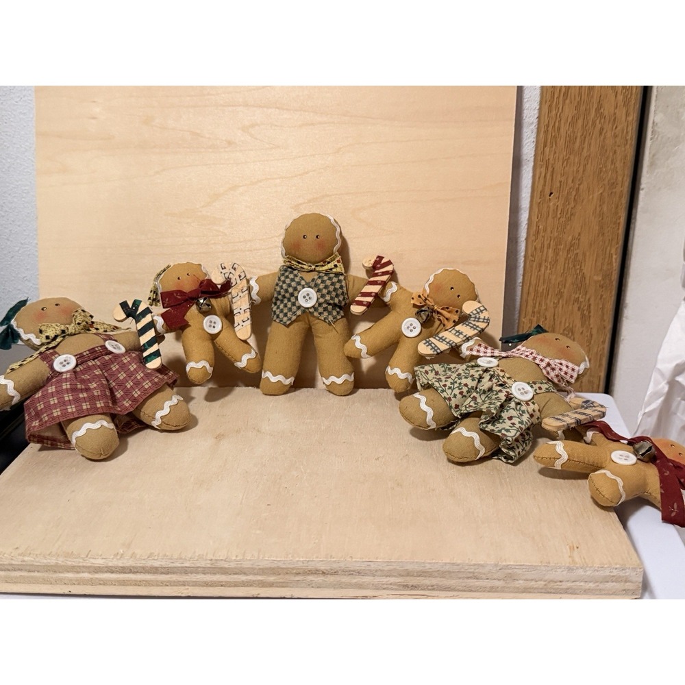 Vintage String Of 6 Fabric Gingerbread Man & Candy Canes Christmas Ornaments